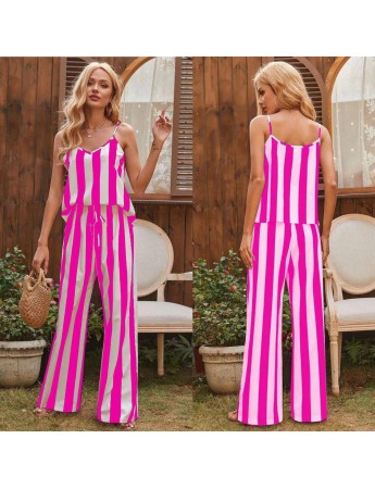 Kadın Dijital Baskılı Jesica Kumaş Askılı Bluz Pantolon Takım Pembe