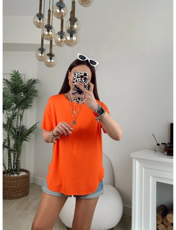 Kadın Bisiklet Yaka Oversize Tişört Turuncu