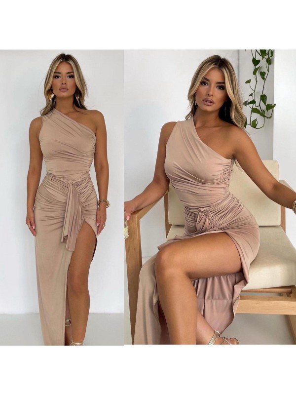 Kadın Sandy Kumaş Büzgü Detaylı Yırtmaç Dekolteli Maxi Boy Elbi…