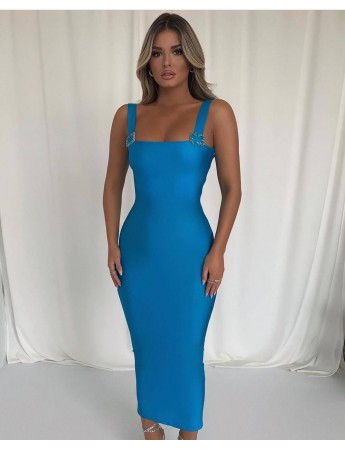Kadın Full Likralı Sandy Kumaş Omuz Askı Taş Toka Detaylı Maxi Boy Elbise Mavi