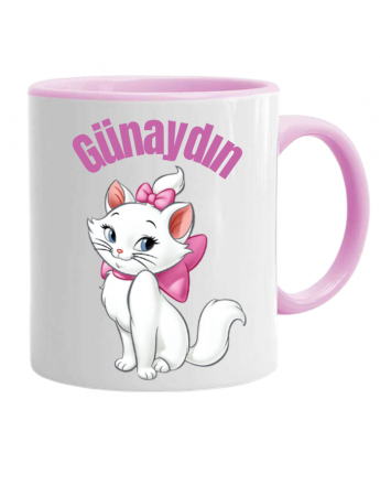 Kedi Kişiye Özel Baskılı Beyaz, Kulpu ve İçi Pembe Porselen Kupa