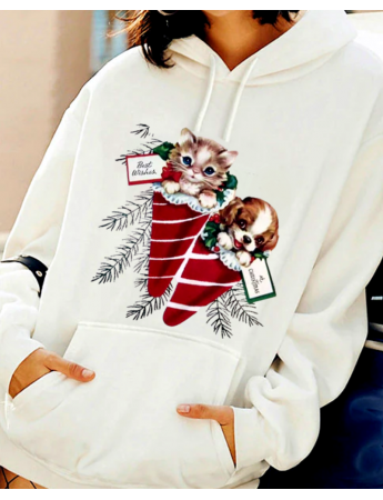 Noel Kedi ve Köpek Baskılı Kadın Sweatshirt