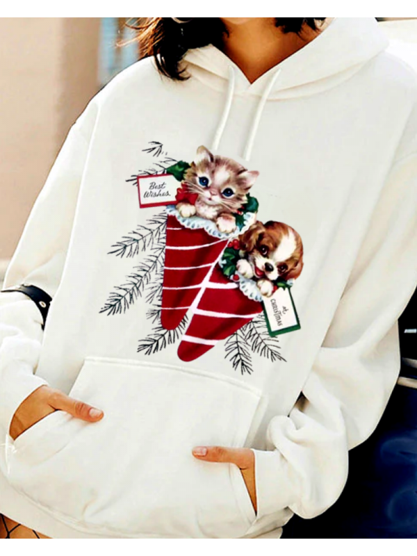 Noel Kedi ve Köpek Baskılı Kadın Sweatshirt…