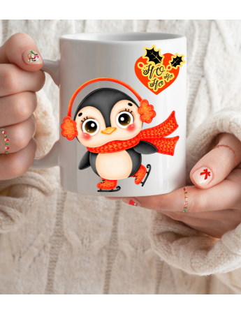 Yılbaşı Sevimli Buz Pateni Yapan Penguen Baskılı Kişiye Özel Kupa