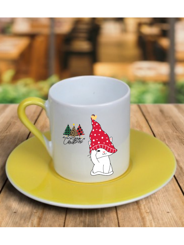 Yılbaşı Temalı Uykucu Kedi Baskılı Türk Kahvesi Fincanı Sarı…