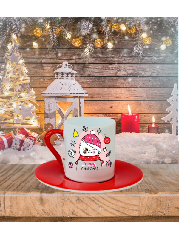 Yılbaşı Noel Kedi Baskılı Kişiye Özel Türk Kahvesi Fincanı Kırm…