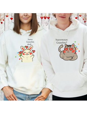 Sevgili Kombini Romantik Sevimli Kedili Kişiye Özel Baskılı Sweatshirt
