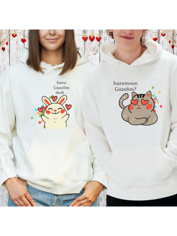 Sevgili Kombini Romantik Sevimli Kedili Kişiye Özel Baskılı Sweatshirt…