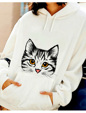 Kedi Baskılı Kadın Sweatshirt Beyaz