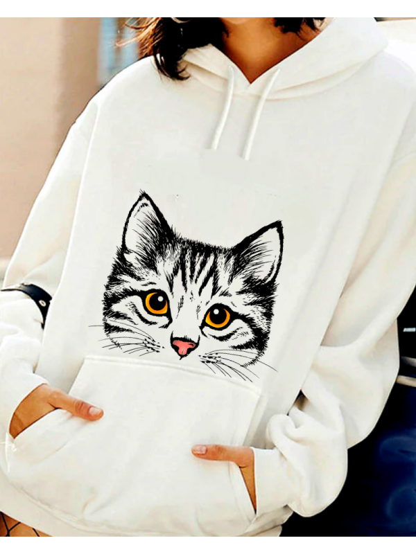 Kedi Baskılı Kadın Sweatshirt Beyaz…
