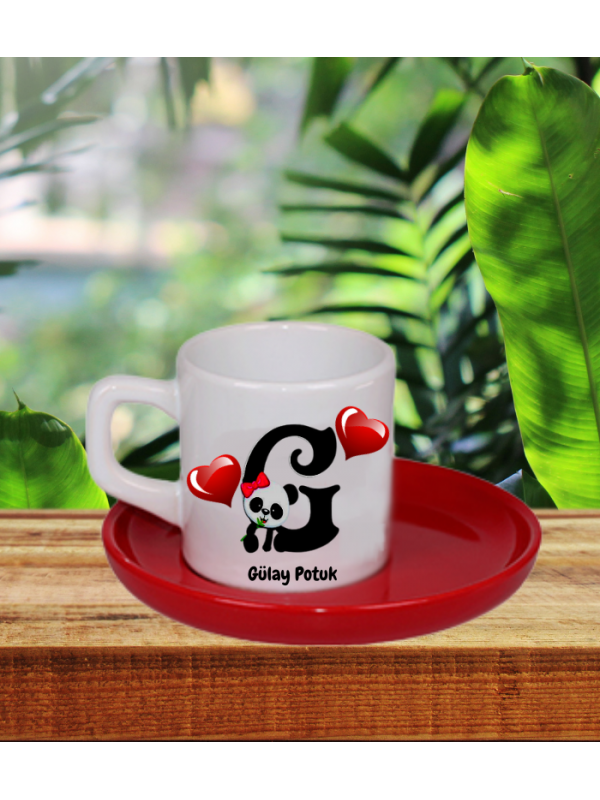 14 Şubat Panda ve Harf Baskılı Kişiye Özel Fincan Kırmızı 04…