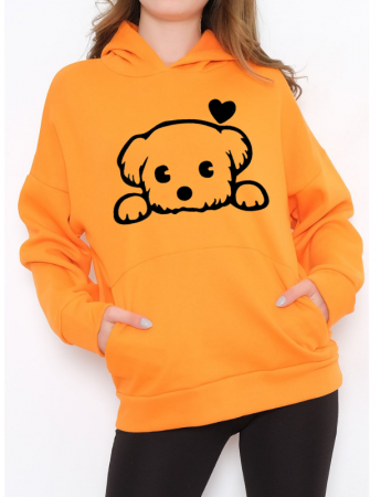 Köpek Baskılı Kadın Sweatshirt Turuncu