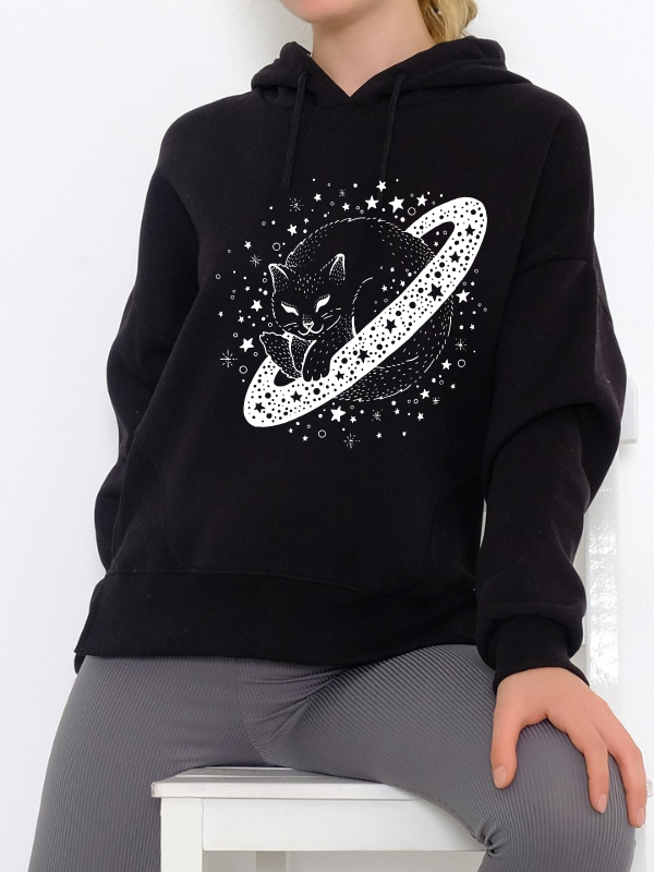 Galaxy Kedi Baskılı Kadın Sweatshirt Siyah…