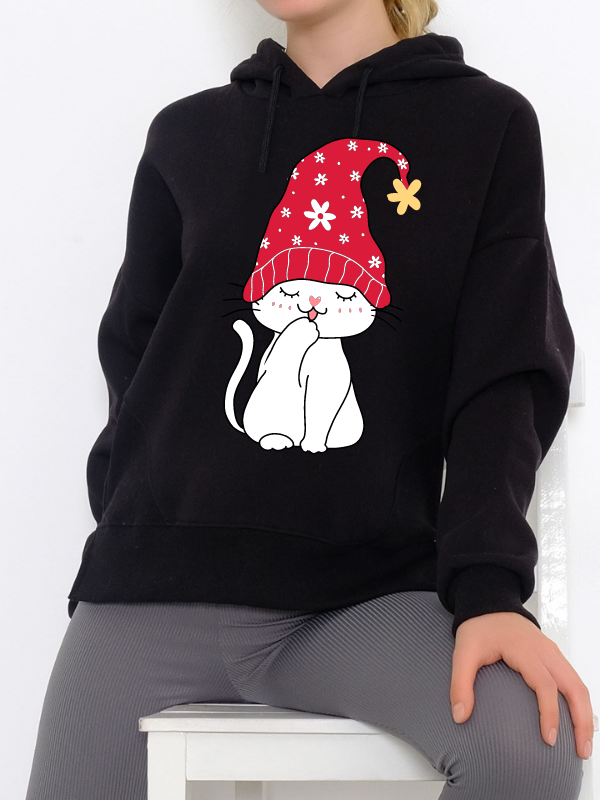Uykucu Kedi Baskılı Kadın Sweatshirt Siyah 02…