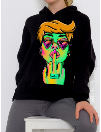 Gözlük Baskılı Kadın Sweatshirt Siyah