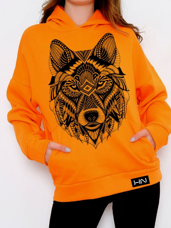 Etnik Kurt Baskılı 3 İplik Kadın Sweatshirt Turuncu…