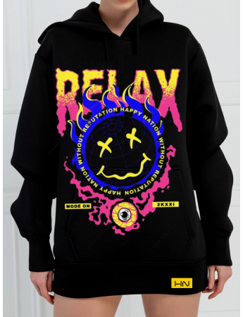 Relax Baskılı 3 İplik Kadın Sweatshirt Siyah