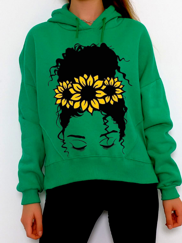 Papatya ve Kadın  Baskılı 3 İplik Kadın Sweatshirt Yeşil…