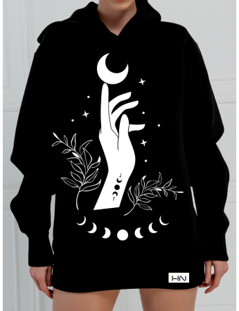 Ay ve El Baskılı Kadın Sweatshirt Siyah