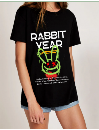 Rabbit Year Baskılı Kadin Tişört Siyah