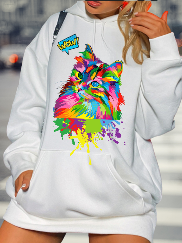 Kedi ve wow Baskılı Kadın Sweat Beyaz…