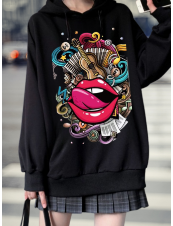 Dudak ve Music Baskılı Kadın Sweatshirt
