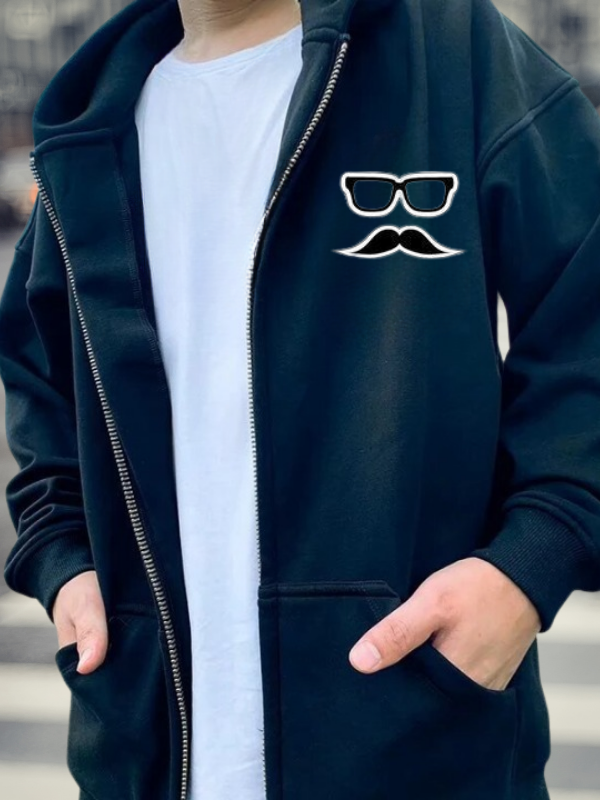 Gözlük ve Bıyık Baskılı Fermuarlı Erkek Sweatshirt Siyah…