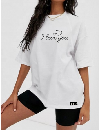 I Love You ve Kalp Baskılı Kadın Tişört Beyaz