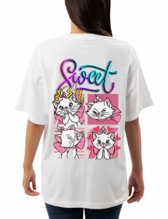 Sweet ve Kedi Baskılı Kadın Tişört Beyaz