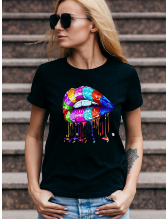 Rengarenk Dudak Baskı Kadın Tshirt - Siyah