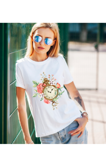 Vintage Saat Baskılı Kadın Tshirt - Beyaz…
