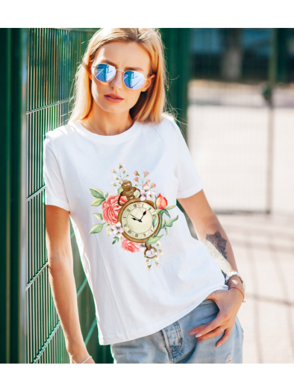 Vintage Saat Baskılı Kadın Tshirt - Beyaz…