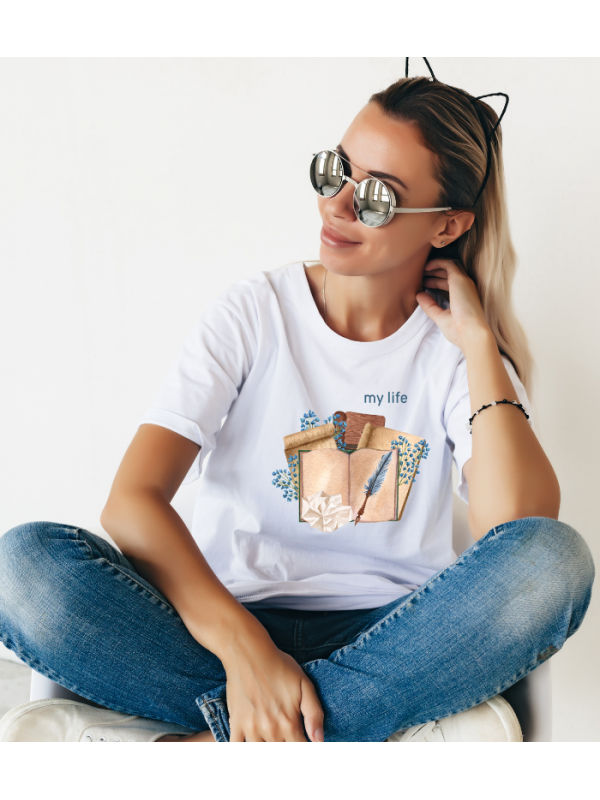 My Life Kitap Baskılı Kadın Tshirt - Beyaz…