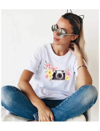 Vintage Fotoğraf Makinası Baskılı Kadın Tshirt - Beyaz