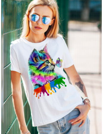 Renkli Kedi Baskılı Kadın Tshirt - Beyaz