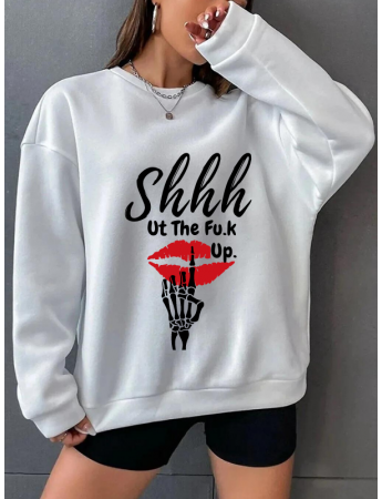 Shhh Baskılı Kadın Sweat Beyaz