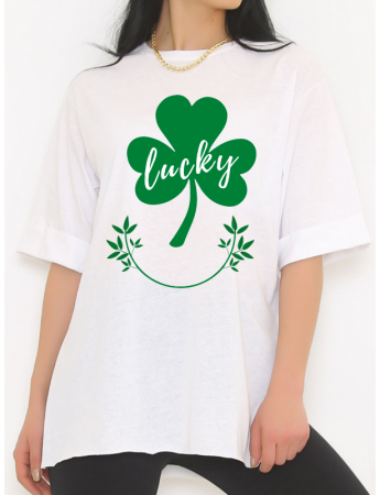 Lucky  Baskılı Kadın Tshirt - Beyaz