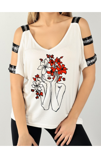 Çiçek ve Siluet baskılı omzu pullu bluz…