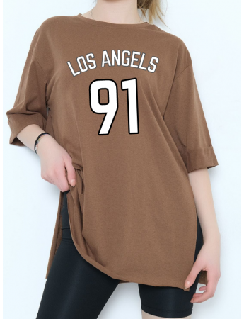 Yandan Yırtmaçlı Los Angels Baskılı Kadın T-Shirt Kahve