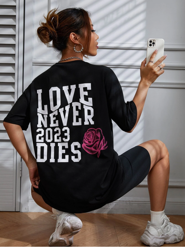 lover Never Baskılı Kadın T-Shirt Syah…