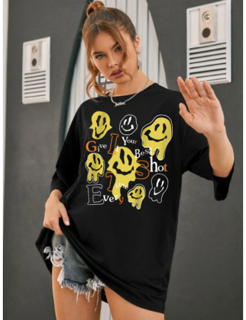 Emoji Baskılı Kadın T-Shirt Syah