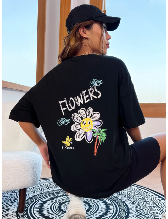 Flowers Baskılı Kadın T-Shirt Syah