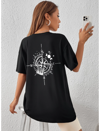 Pusula Baskılı Kadın T-Shirt Syah