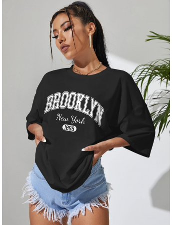 Brooklyn Baskılı Kadın T-Shirt Syah