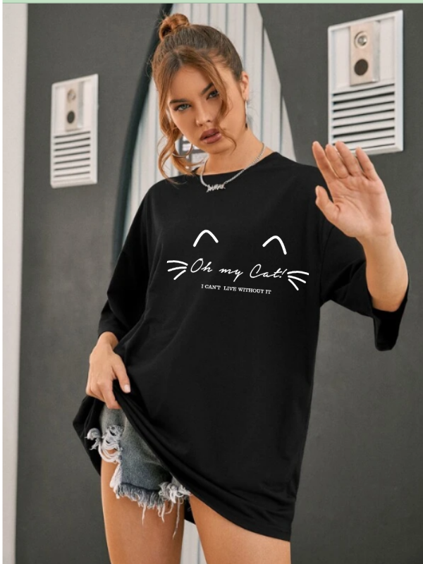 Kedi Baskılı Kadın T-Shirt Syah…