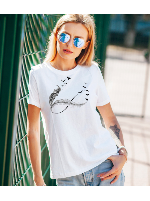 Sonsuzluk ve Kuşlar Baskılı Beyaz Kadın T-shirt Tişört…