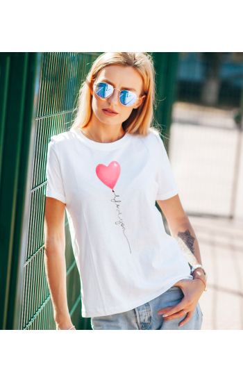 Kalp Yazı Baskılı Beyaz Kadın T-shirt Tişört…