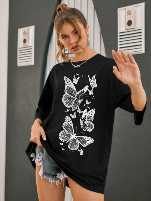 Kelebekler  Baskılı  Kadın Oversize Tişört…