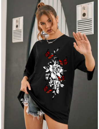 Kelebek VE Gül  Baskılı  Kadın Oversize Tişört