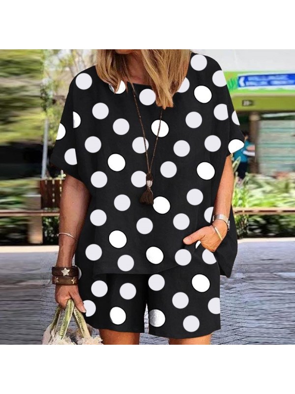 Kadın Puantiye Desen Oversize Kalıp İthal Krep Kumaş İkili Takım Siy…